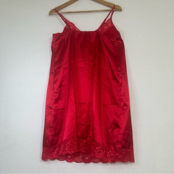 NWT Ekouaer Vibrant Red Satin Lace V-Neck Chemise Sleepwear Soft Lingerie - Picture 3 of 14